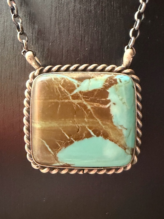 Native American Jewelry - Augustine Largo Kingman Turquoise Stone Square Pendant Necklace - Women Jewelry